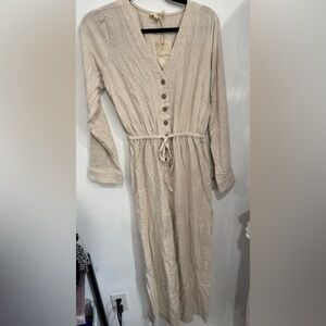 Hem & Thread Long-Sleeve Neutral Button-Front Drawstring Jumpsuit
